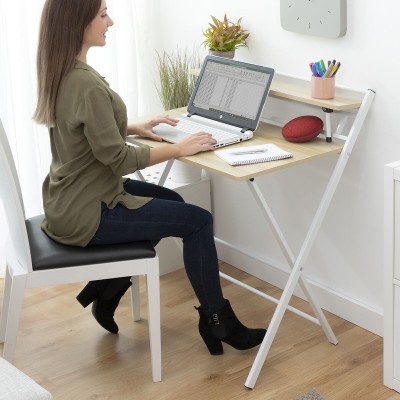 Bureau Pliable avec Étagère – Poste de travail compact + rangement intégré