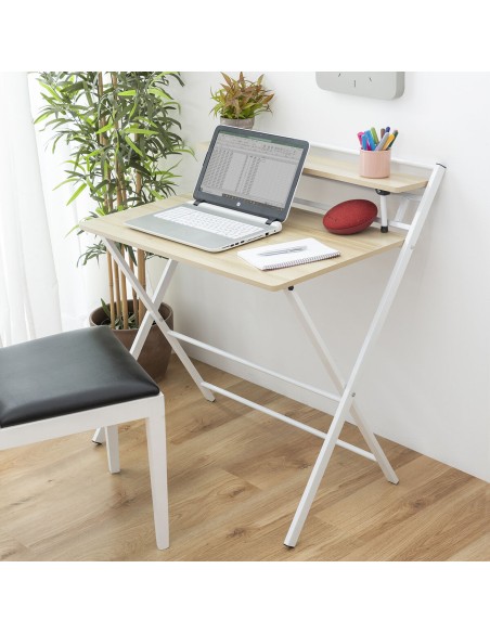 Bureau Pliable avec Étagère – Poste de travail compact + rangement intégré